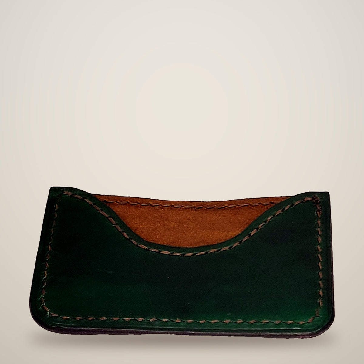 Curved Card Wallet – Green & brown / dark brown thread