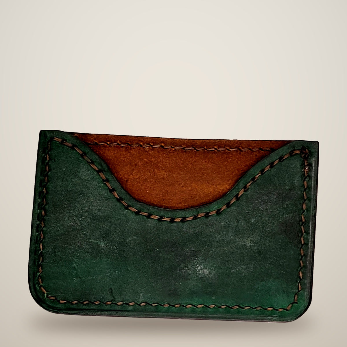 Curved Card Wallet – Green & brown / dark brown thread