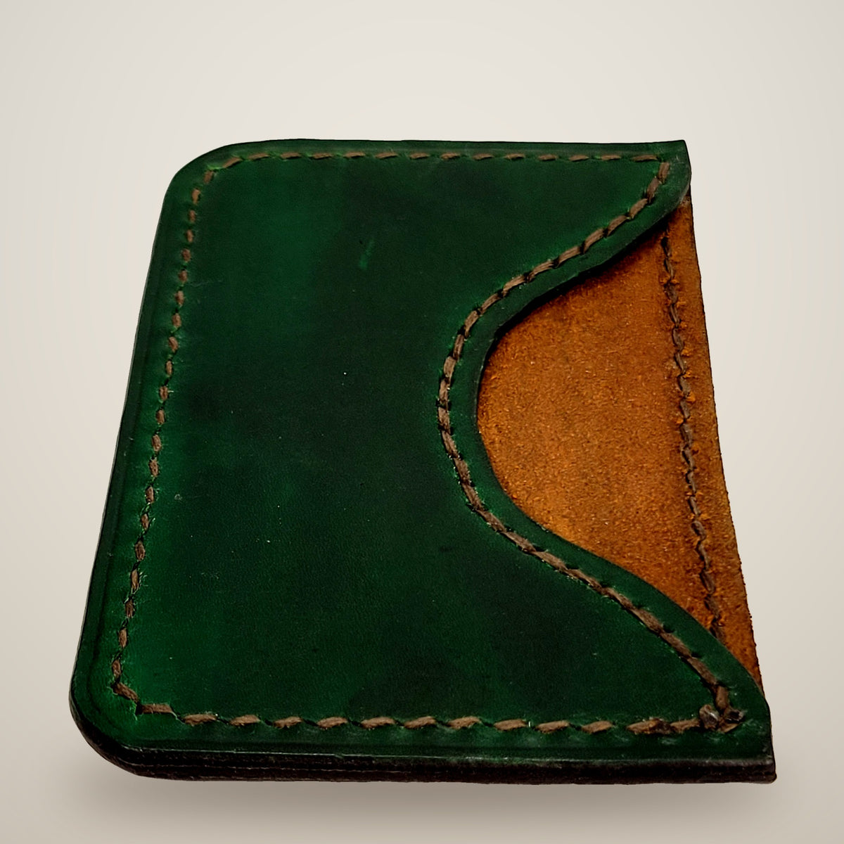 Curved Card Wallet – Green & brown / dark brown thread