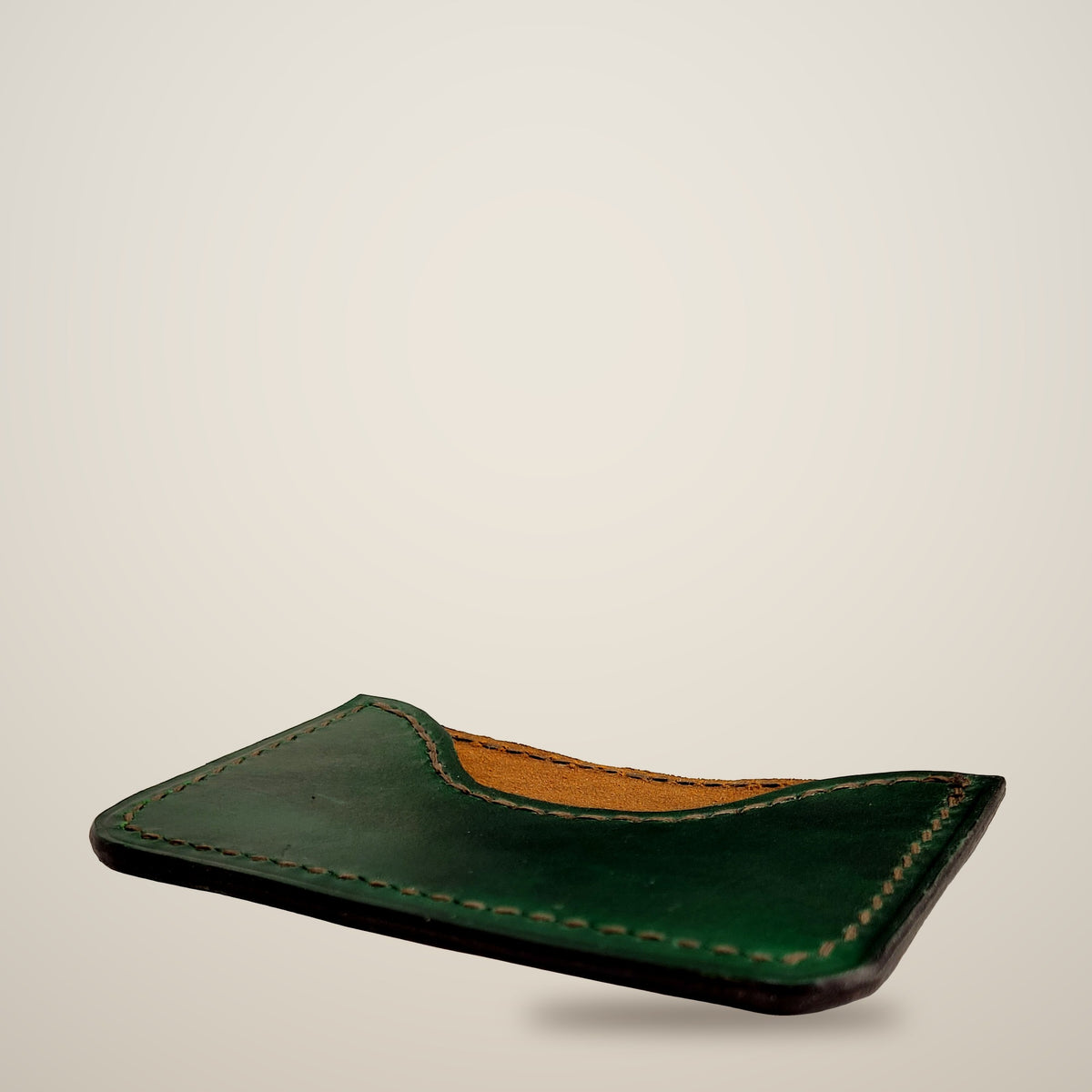 Curved Card Wallet – Green & brown / dark brown thread