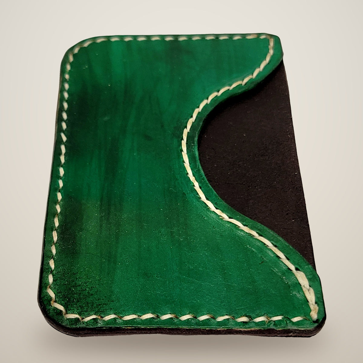 Curved Card Wallet – Green & black / white thread