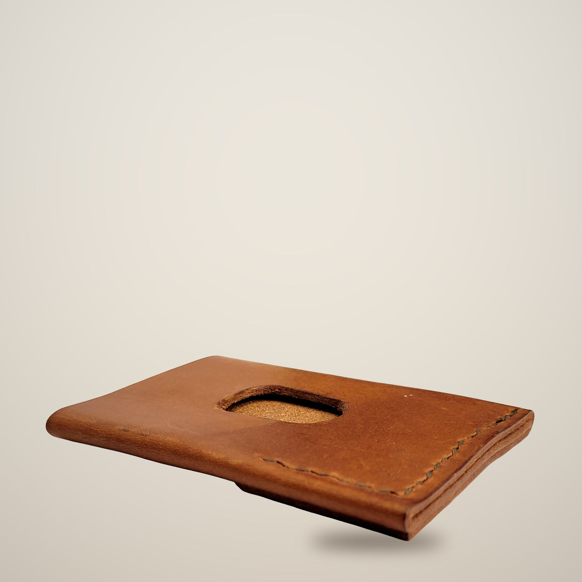 Vertical Push Card Wallet – Tan / dark brown thread