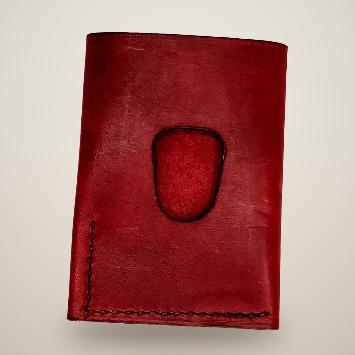 Vertical Push Card Wallet – Red / dark brown thread