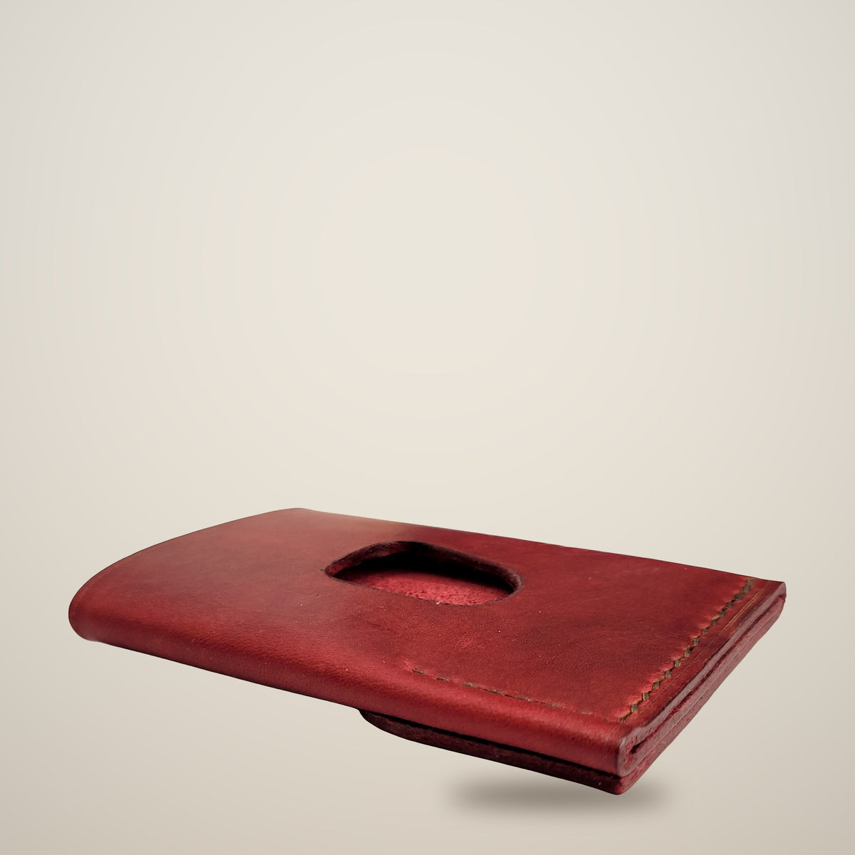 Vertical Push Card Wallet – Red / dark brown thread