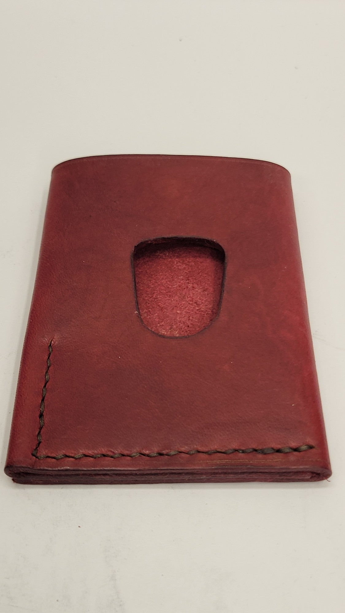 Vertical Push Card Wallet – Red / dark brown thread