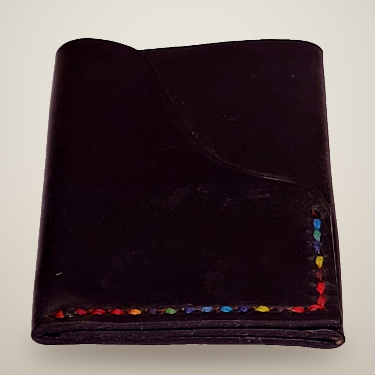 Vertical Push Card Wallet – Black / rainbow thread