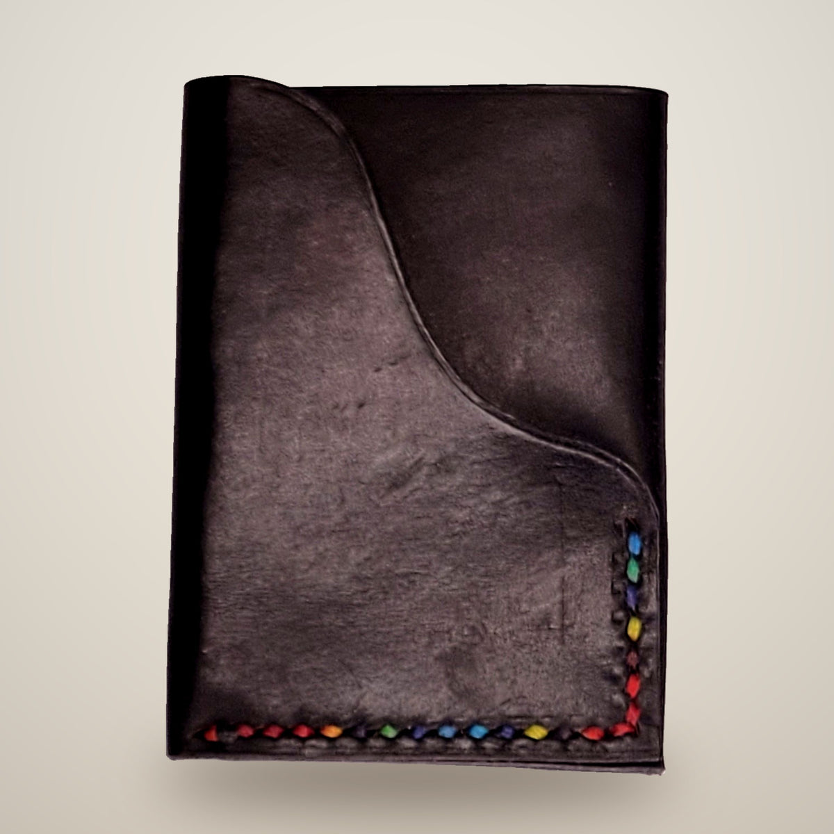 Vertical Push Card Wallet – Black / rainbow thread