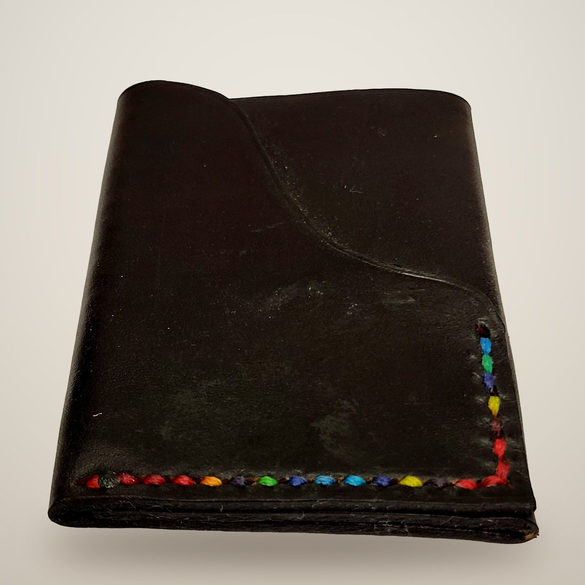 Vertical Push Card Wallet – Black / rainbow thread