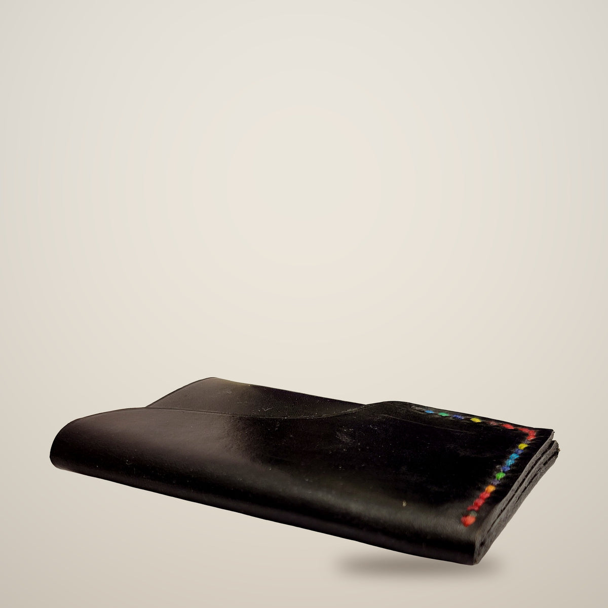 Vertical Push Card Wallet – Black / rainbow thread
