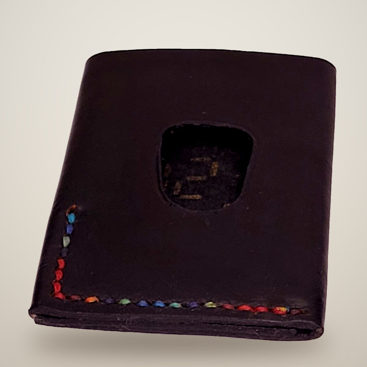 Vertical Push Card Wallet – Black / rainbow thread