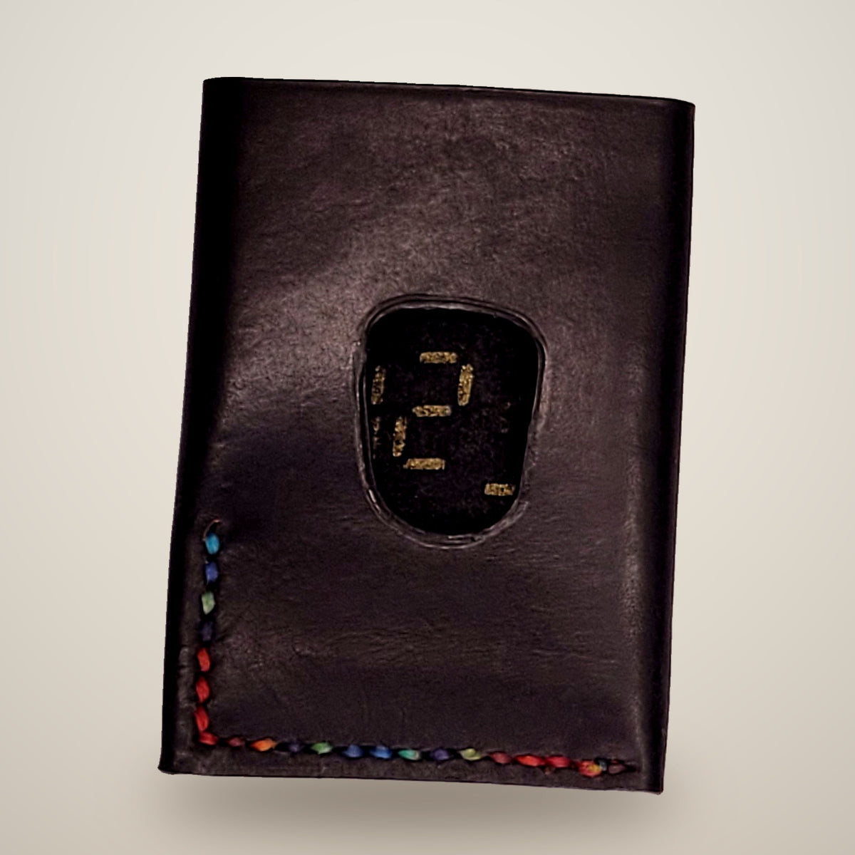 Vertical Push Card Wallet – Black / rainbow thread