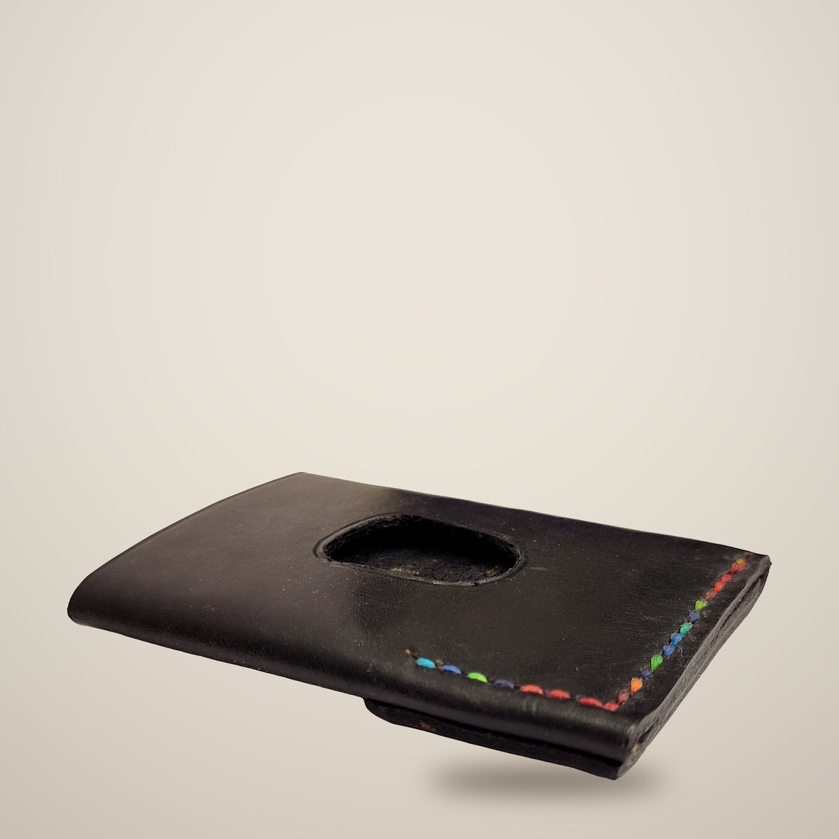 Vertical Push Card Wallet – Black / rainbow thread
