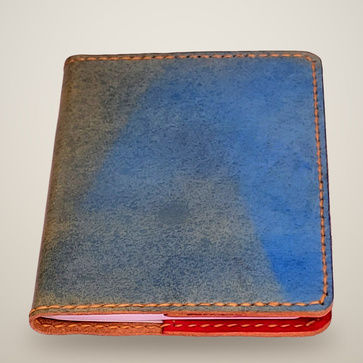 Small Leather Notebook Cover – Decorative Stitch (Notebook Included) – Aquasurf & coral pink / tan thread