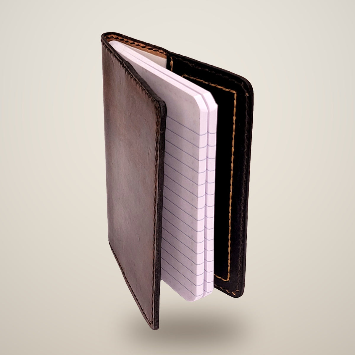 Small Leather Notebook Cover – Decorative Stitch (Notebook Included) – Brown, black panels / black & tan thread