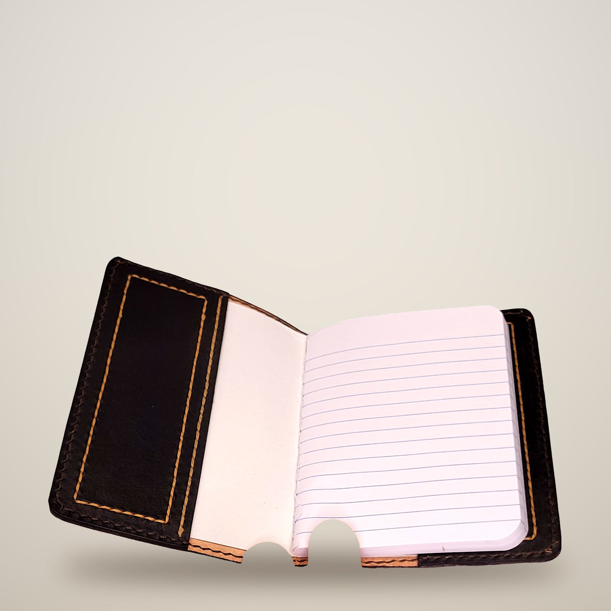 Small Leather Notebook Cover – Decorative Stitch (Notebook Included) – Brown, black panels / black & tan thread