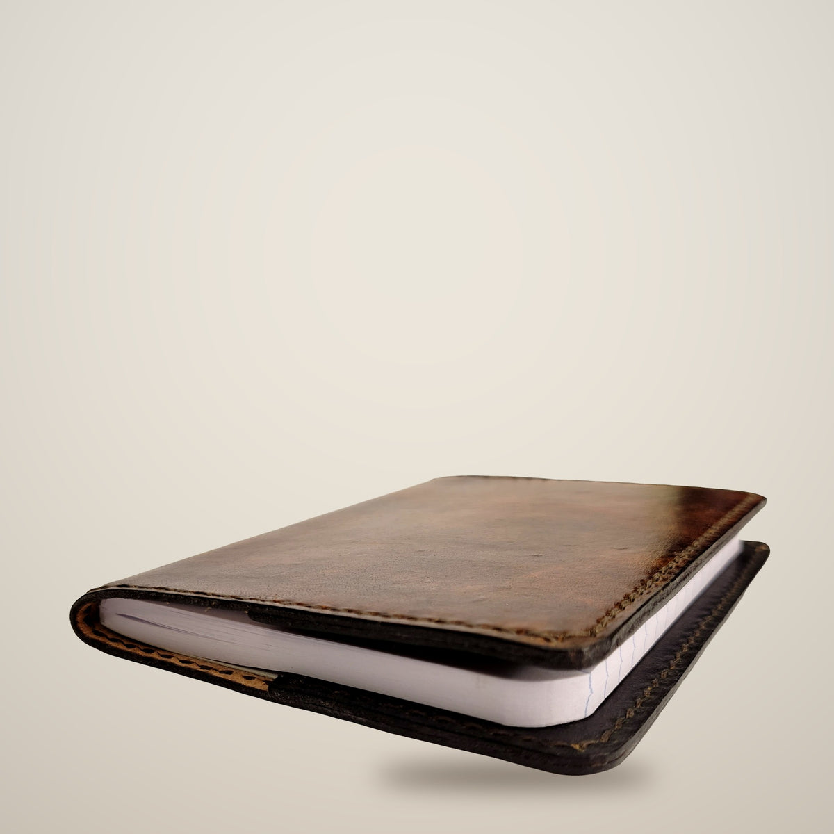 Small Leather Notebook Cover – Decorative Stitch (Notebook Included) – Brown, black panels / black & tan thread
