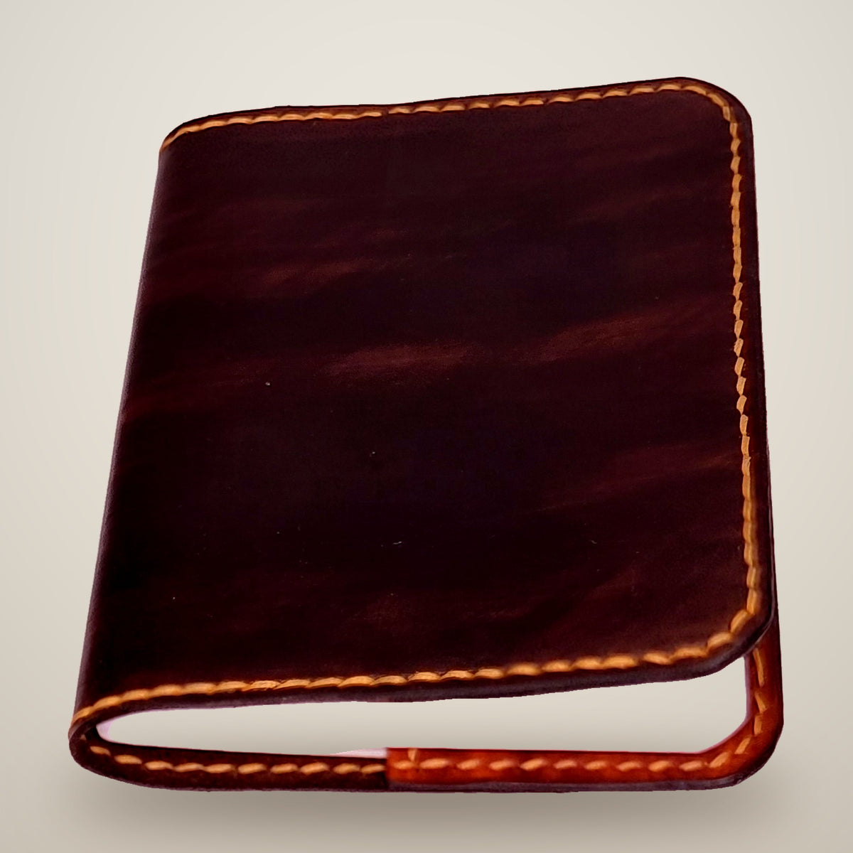 Small Leather Notebook Cover – Decorative Stitch (Notebook Included) – Chocolate, light brown panels / tan thread