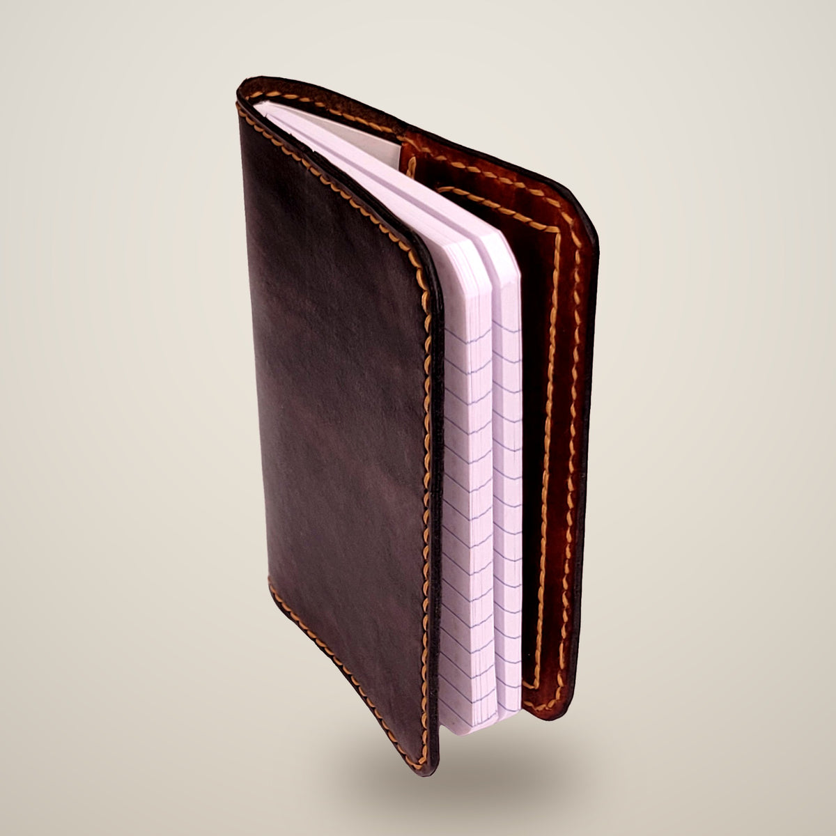 Small Leather Notebook Cover – Decorative Stitch (Notebook Included) – Chocolate, light brown panels / tan thread