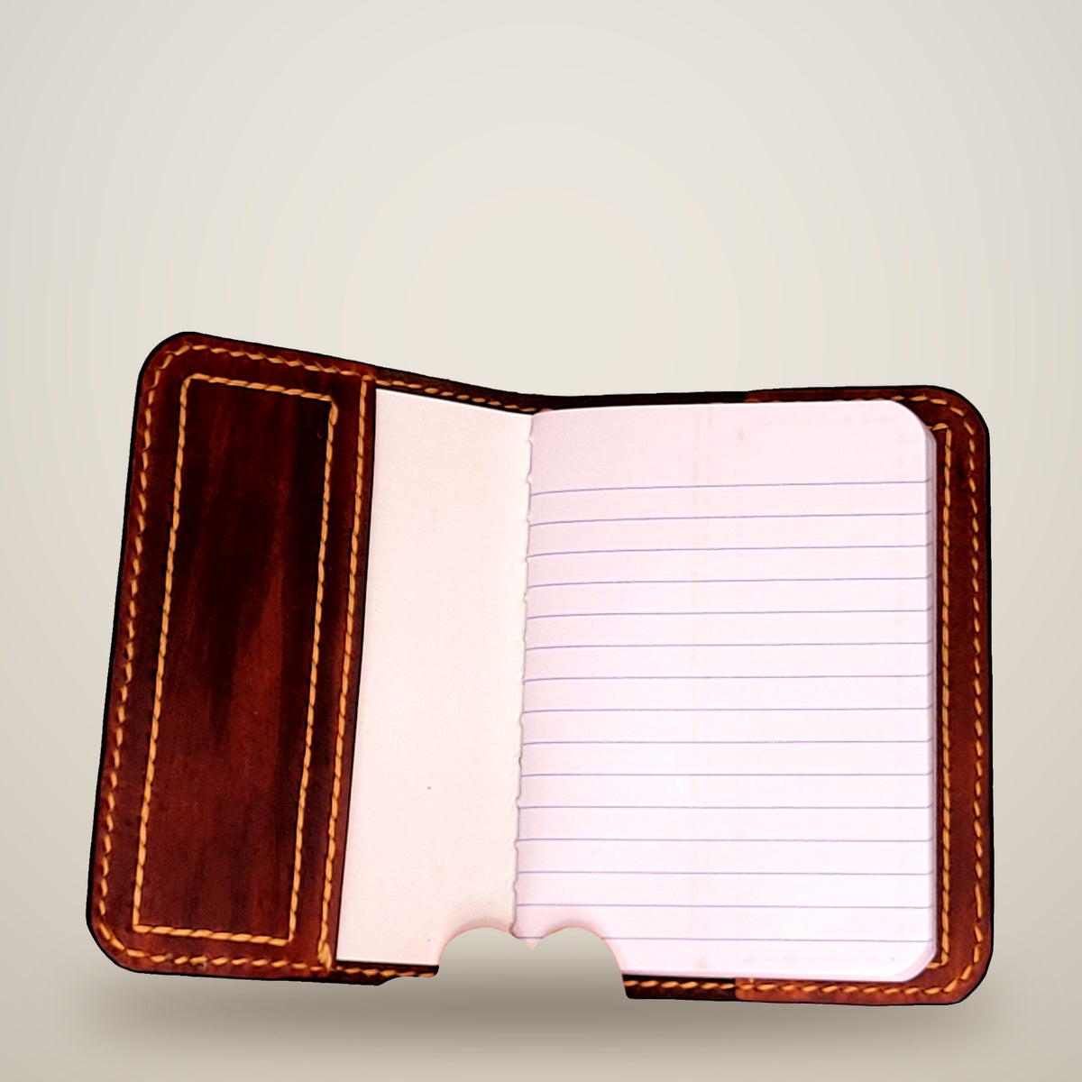 Small Leather Notebook Cover – Decorative Stitch (Notebook Included) – Chocolate, light brown panels / tan thread