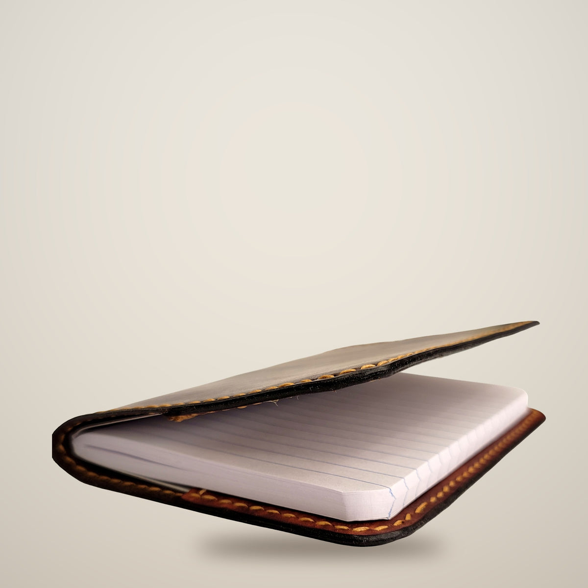 Small Leather Notebook Cover – Decorative Stitch (Notebook Included) – Chocolate, light brown panels / tan thread