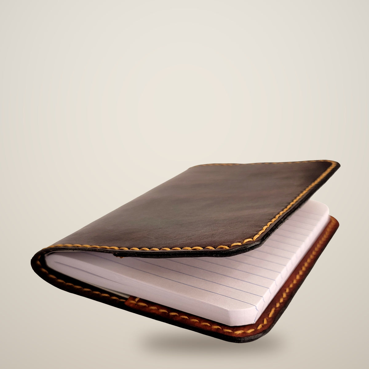 Small Leather Notebook Cover – Decorative Stitch (Notebook Included) – Chocolate, light brown panels / tan thread