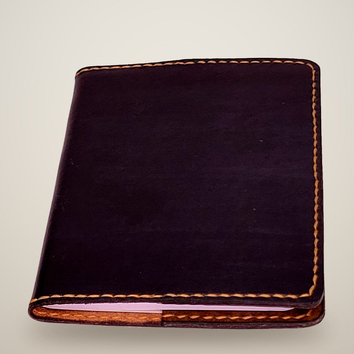 Small Leather Notebook Cover – Decorative Stitch (Notebook Included) – Black, brown panels / tan & dark brown thread