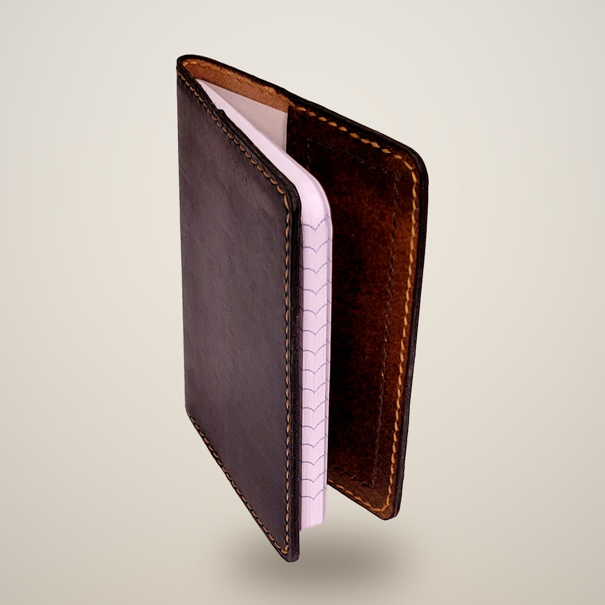 Small Leather Notebook Cover – Decorative Stitch (Notebook Included) – Black, brown panels / tan & dark brown thread