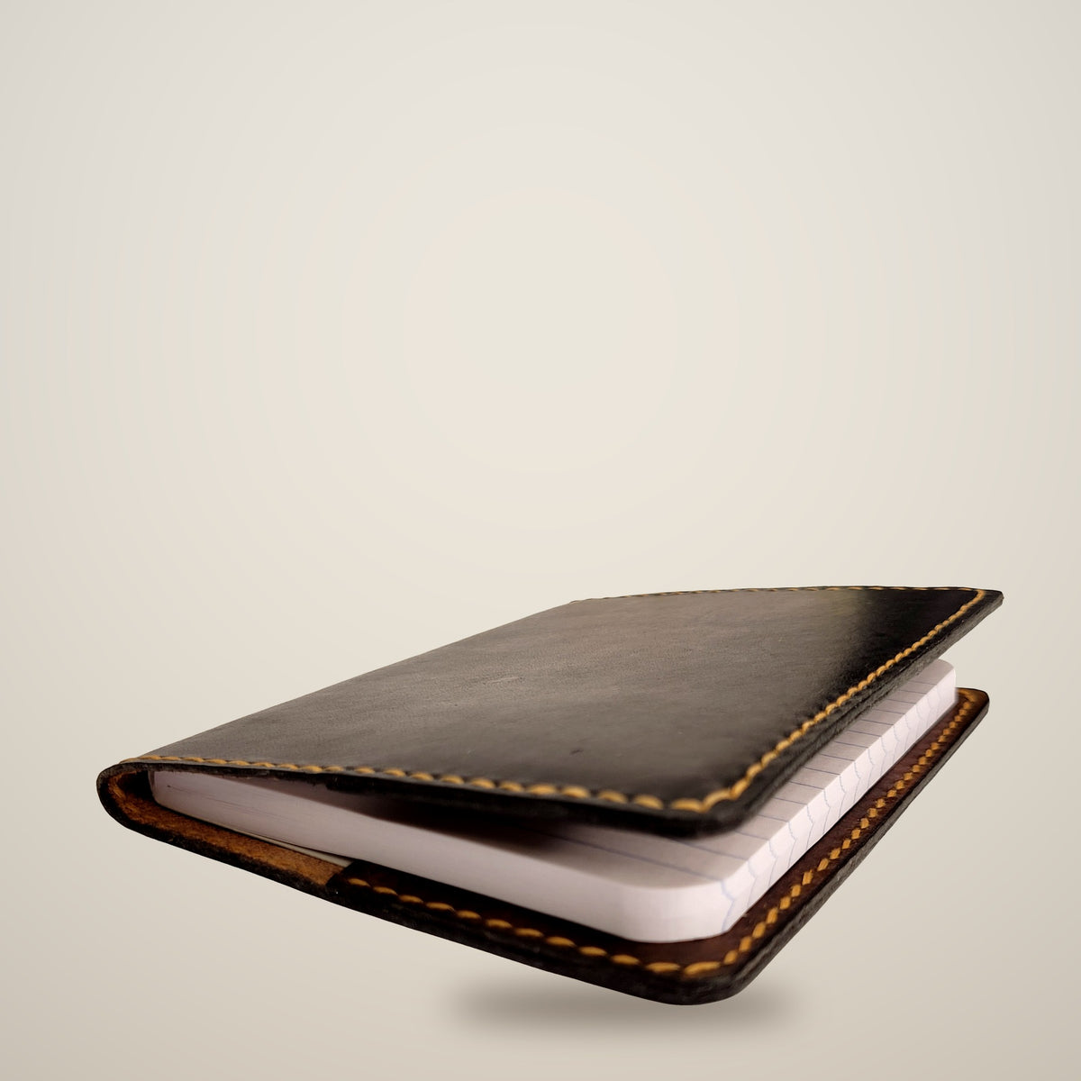 Small Leather Notebook Cover – Decorative Stitch (Notebook Included) – Black, brown panels / tan & dark brown thread