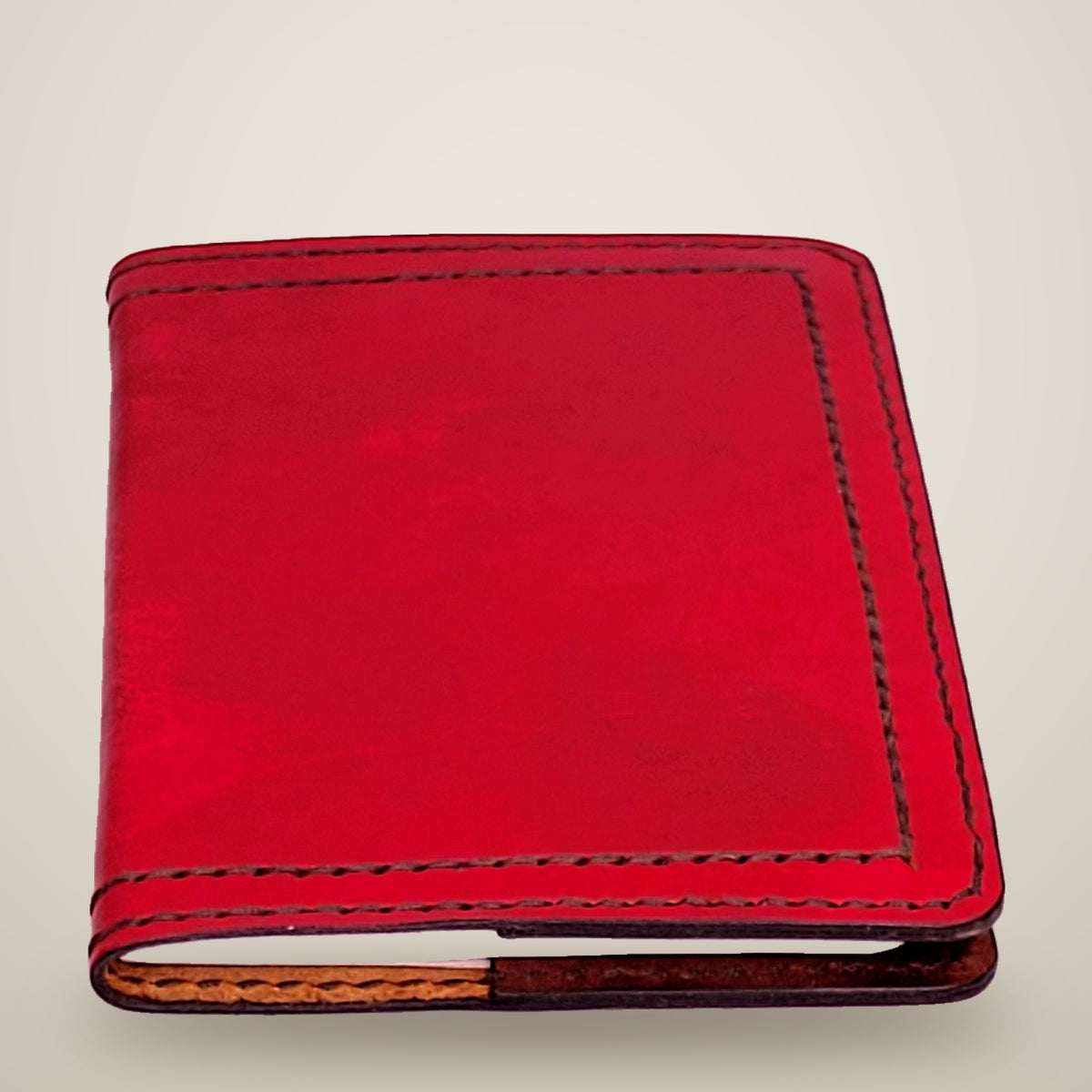 Small Leather Notebook Cover – Decorative Stitch (Notebook Included) – Red, brown panels / black thread, stitched inside & out