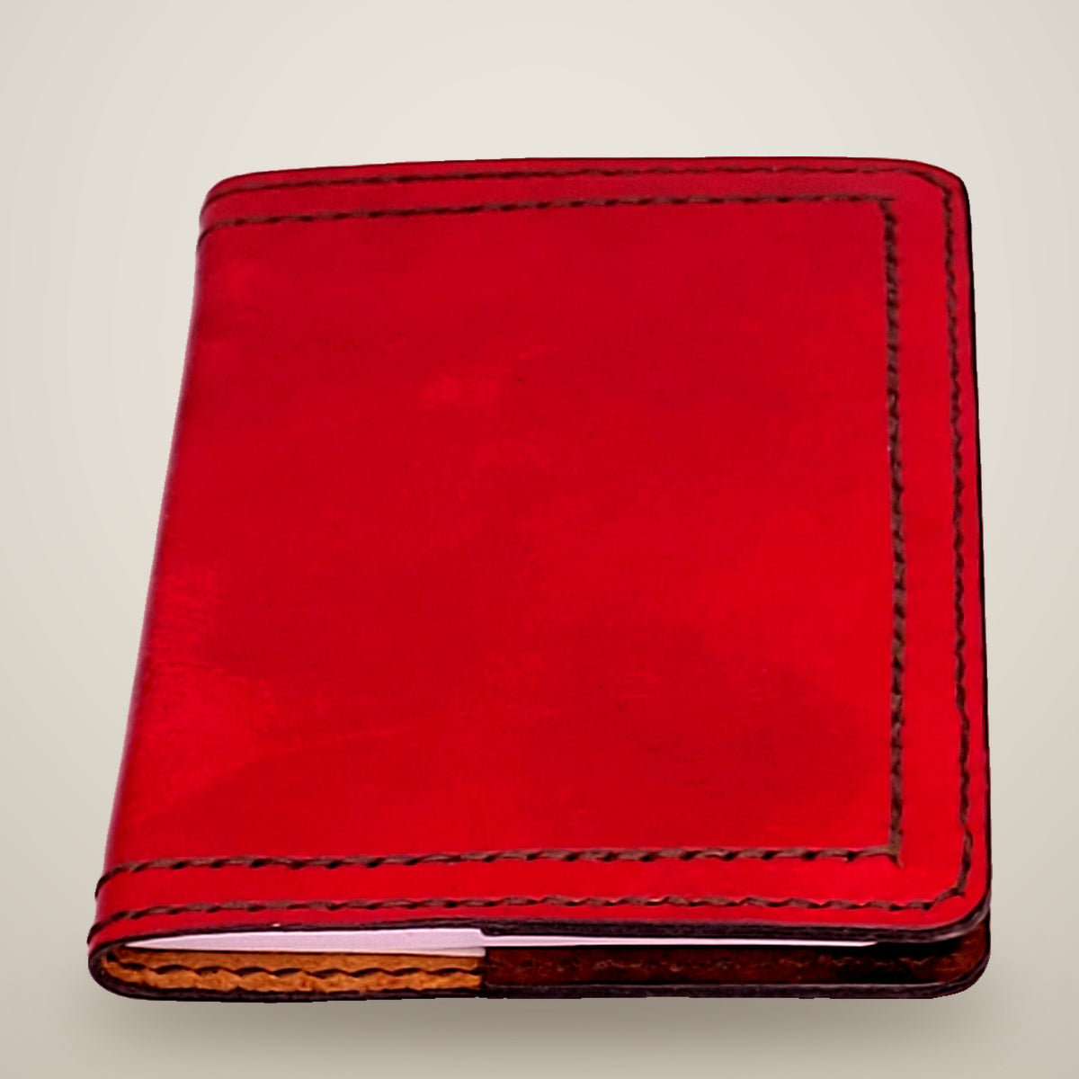 Small Leather Notebook Cover – Decorative Stitch (Notebook Included) – Red, brown panels / black thread, stitched inside & out