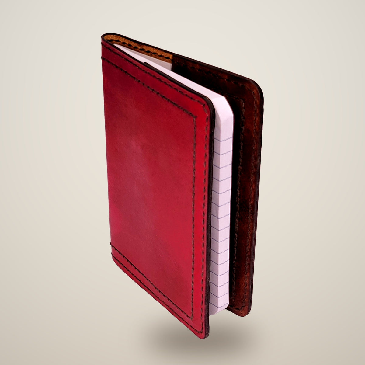 Small Leather Notebook Cover – Decorative Stitch (Notebook Included) – Red, brown panels / black thread, stitched inside & out