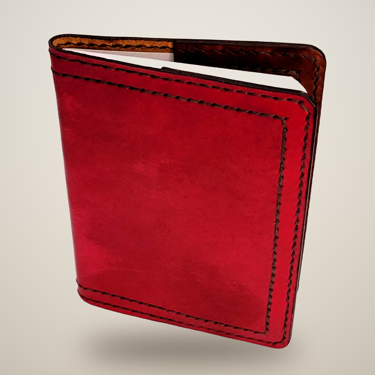 Small Leather Notebook Cover – Decorative Stitch (Notebook Included) – Red, brown panels / black thread, stitched inside & out