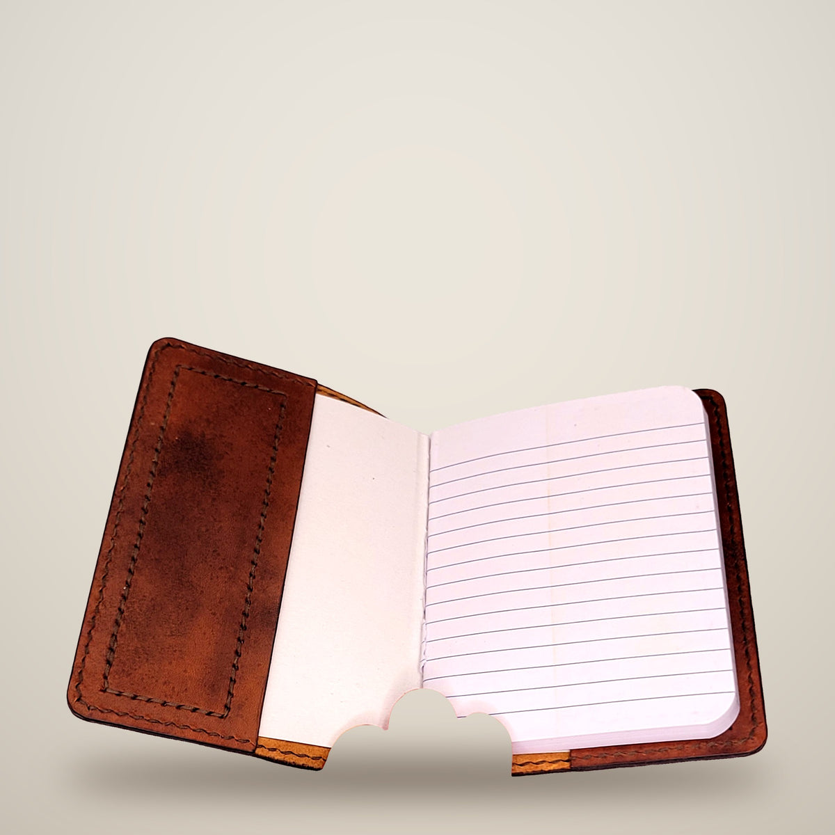 Small Leather Notebook Cover – Decorative Stitch (Notebook Included) – Red, brown panels / black thread, stitched inside & out