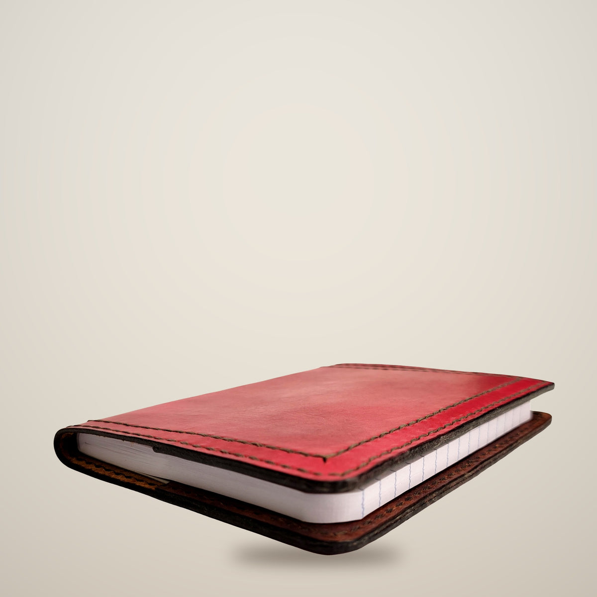 Small Leather Notebook Cover – Decorative Stitch (Notebook Included) – Red, brown panels / black thread, stitched inside & out