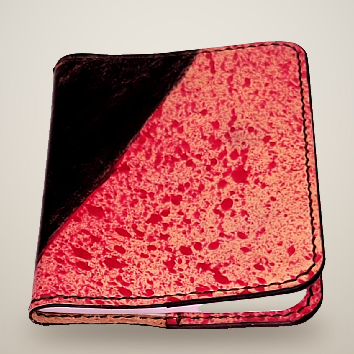 Small Leather Notebook Cover (Notebook Included) – Black & red splatter / black thread