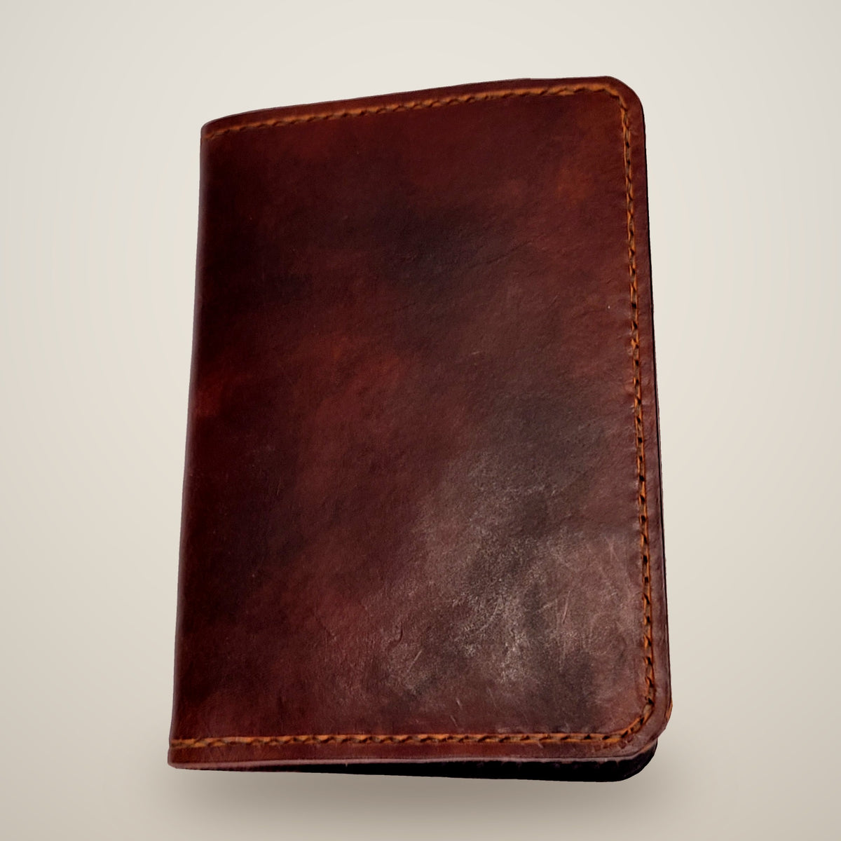 Small Leather Passport Wallet – Tan & brown, red plaid lining / dark brown thread