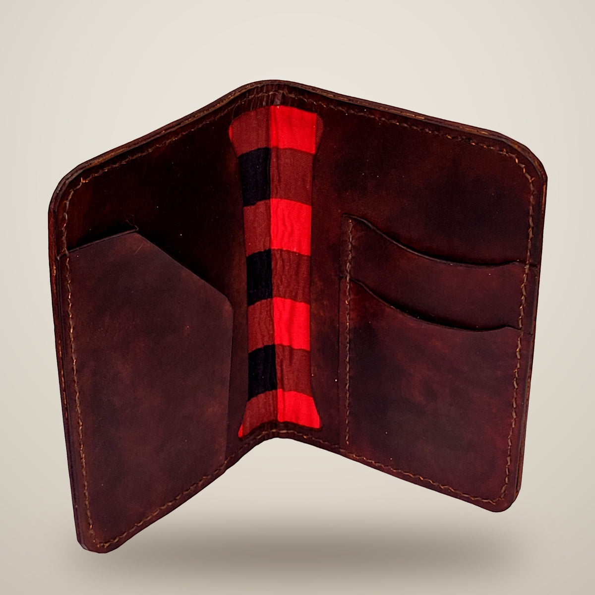 Small Leather Passport Wallet – Tan & brown, red plaid lining / dark brown thread