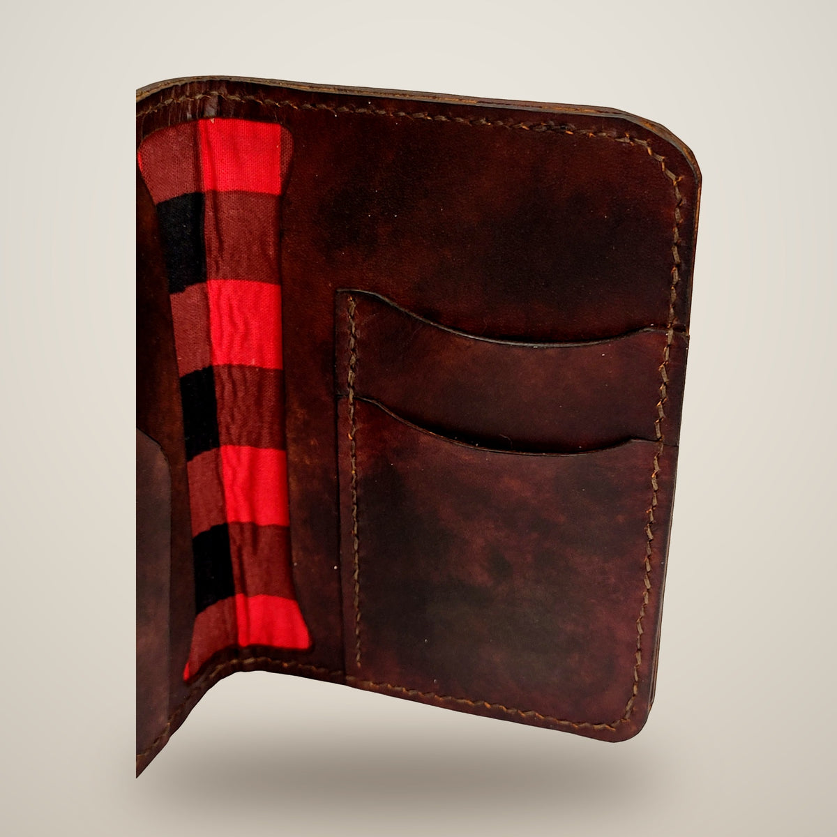 Small Leather Passport Wallet – Tan & brown, red plaid lining / dark brown thread