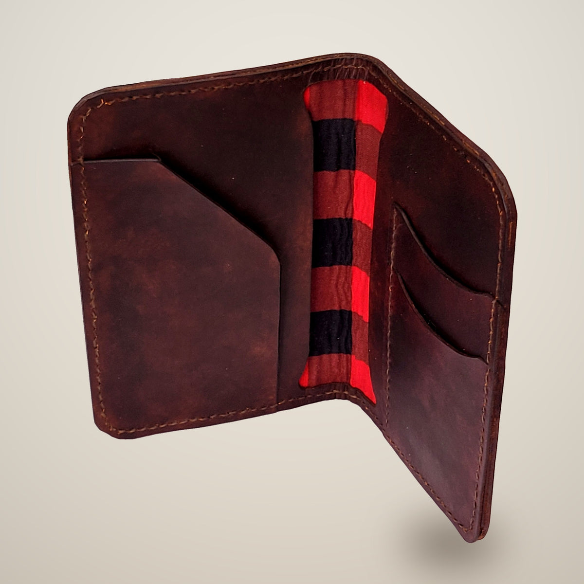 Small Leather Passport Wallet – Tan & brown, red plaid lining / dark brown thread