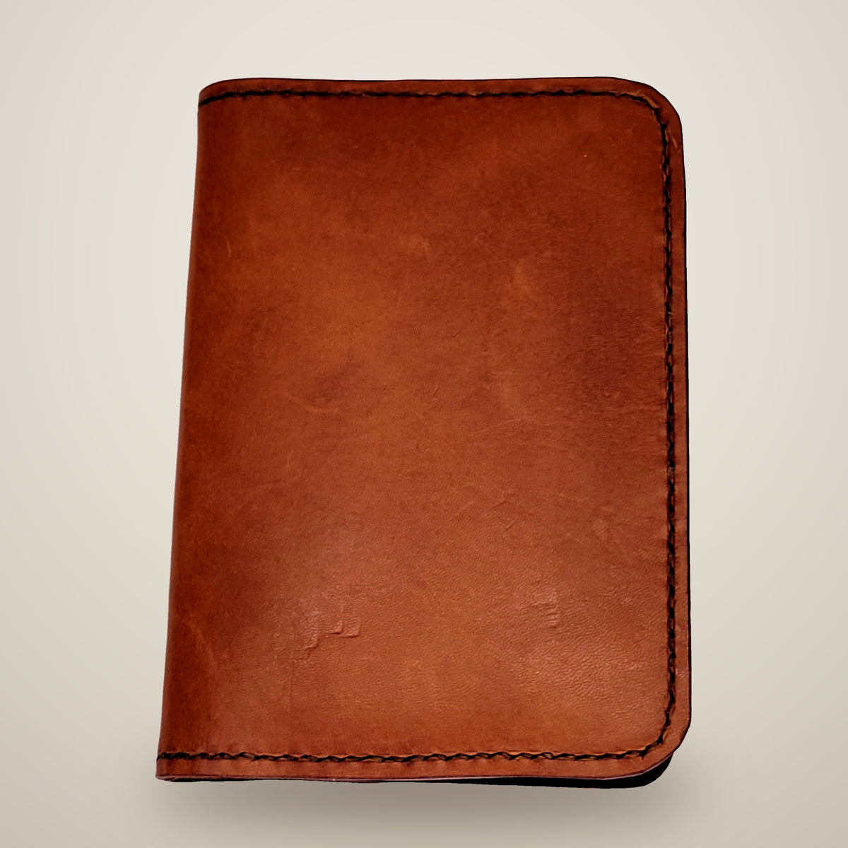 Small Leather Passport Wallet – Tan & brown, red plaid lining / dark brown thread
