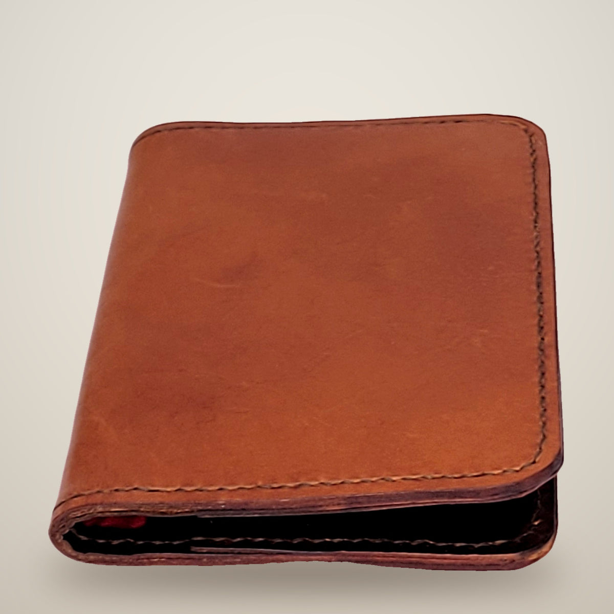 Small Leather Passport Wallet – Tan & brown, red plaid lining / dark brown thread