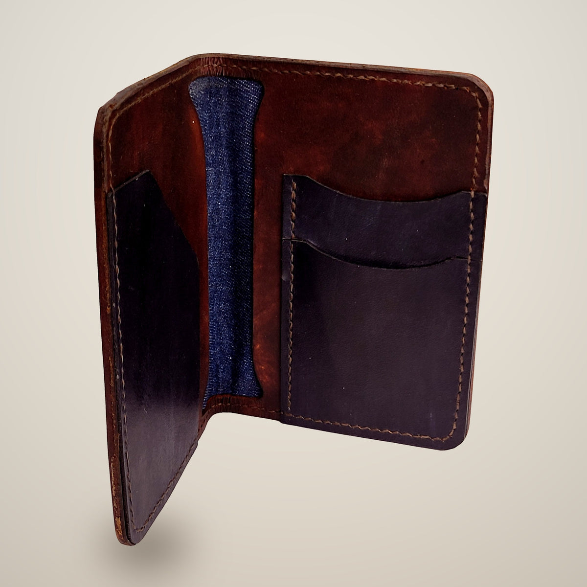 Small Leather Passport Wallet – Dark brown & black, denim lining