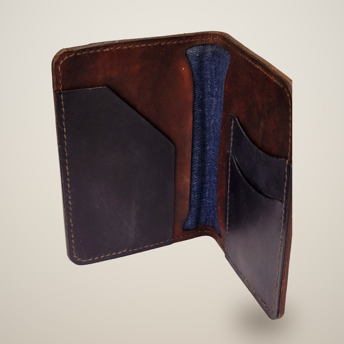 Small Leather Passport Wallet – Dark brown & black, denim lining