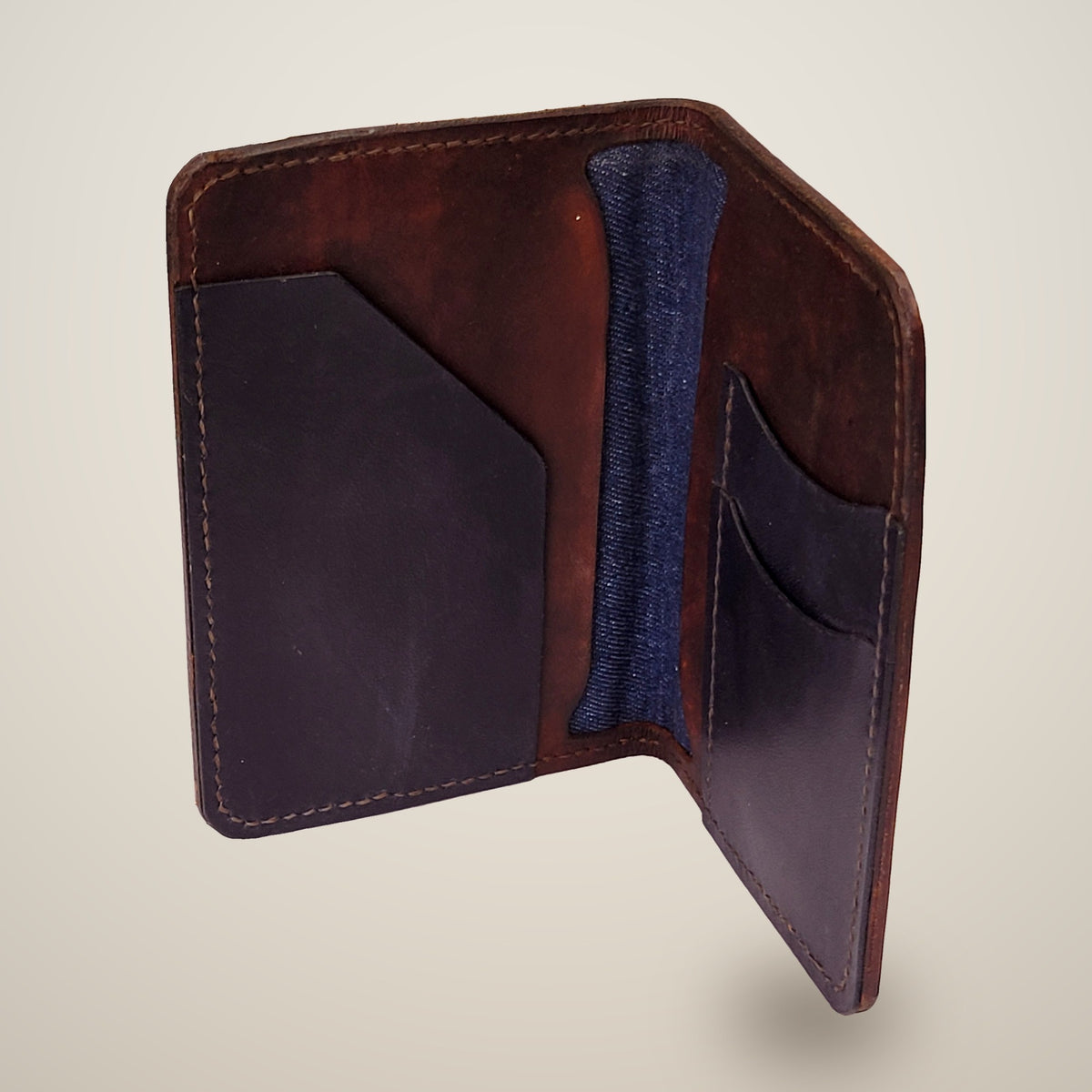 Small Leather Passport Wallet – Dark brown & black, denim lining