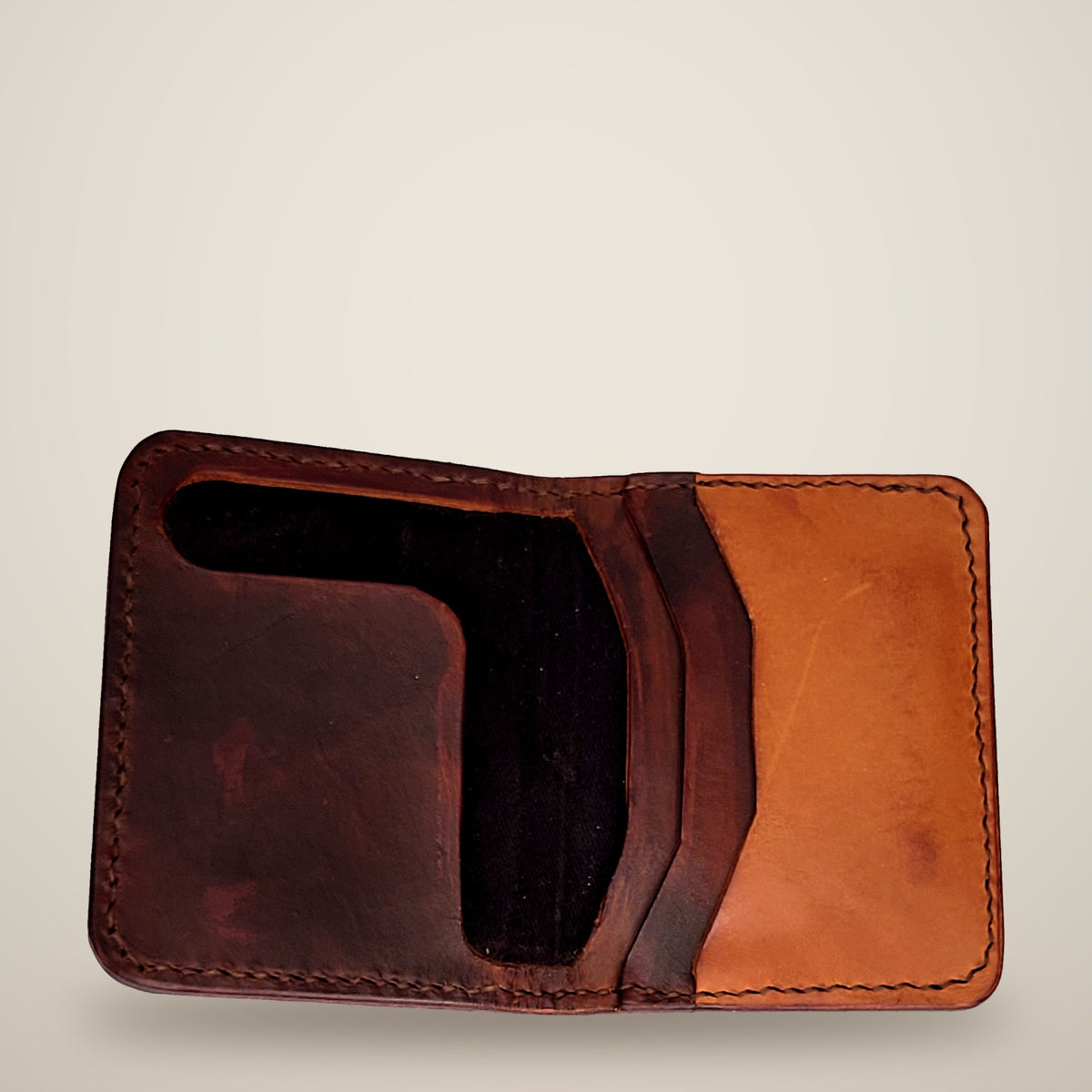 Small Lined Wallet – Thick – dark brown, black lining, tan panel