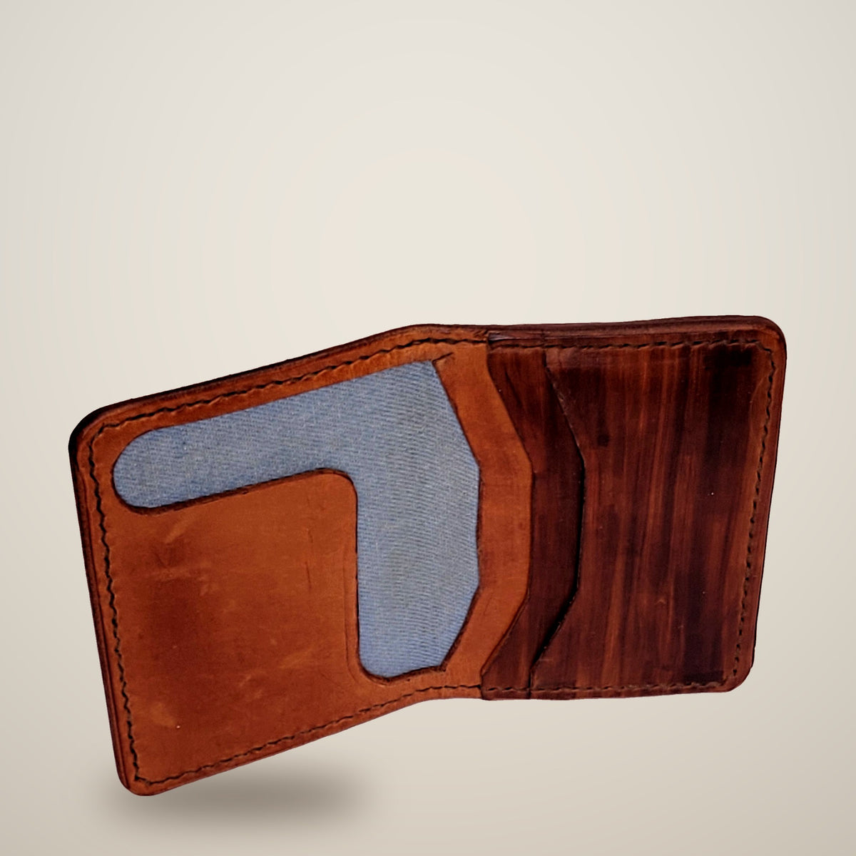 Small Lined Wallet – Thick – tan, brown panels, light denim lining