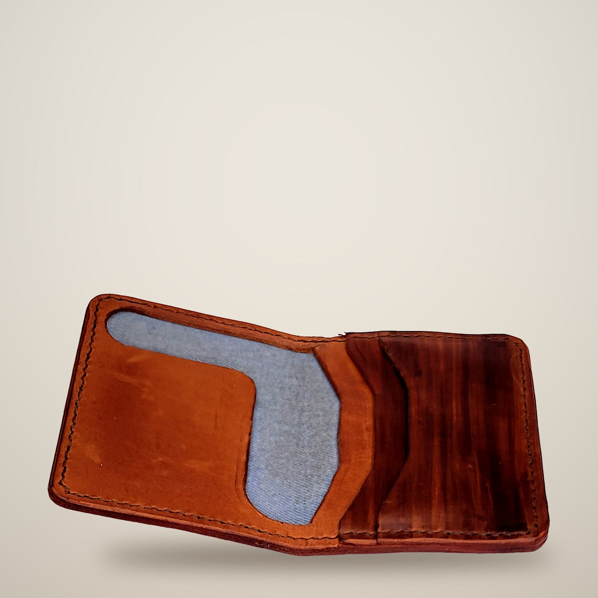 Small Lined Wallet – Thick – tan, brown panels, light denim lining