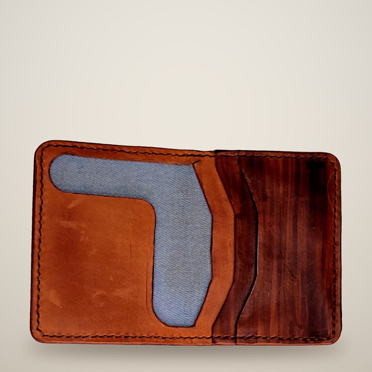 Small Lined Wallet – Thick – tan, brown panels, light denim lining