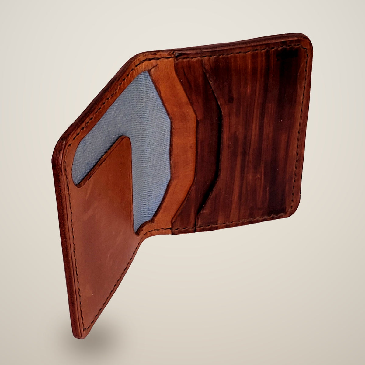 Small Lined Wallet – Thick – tan, brown panels, light denim lining