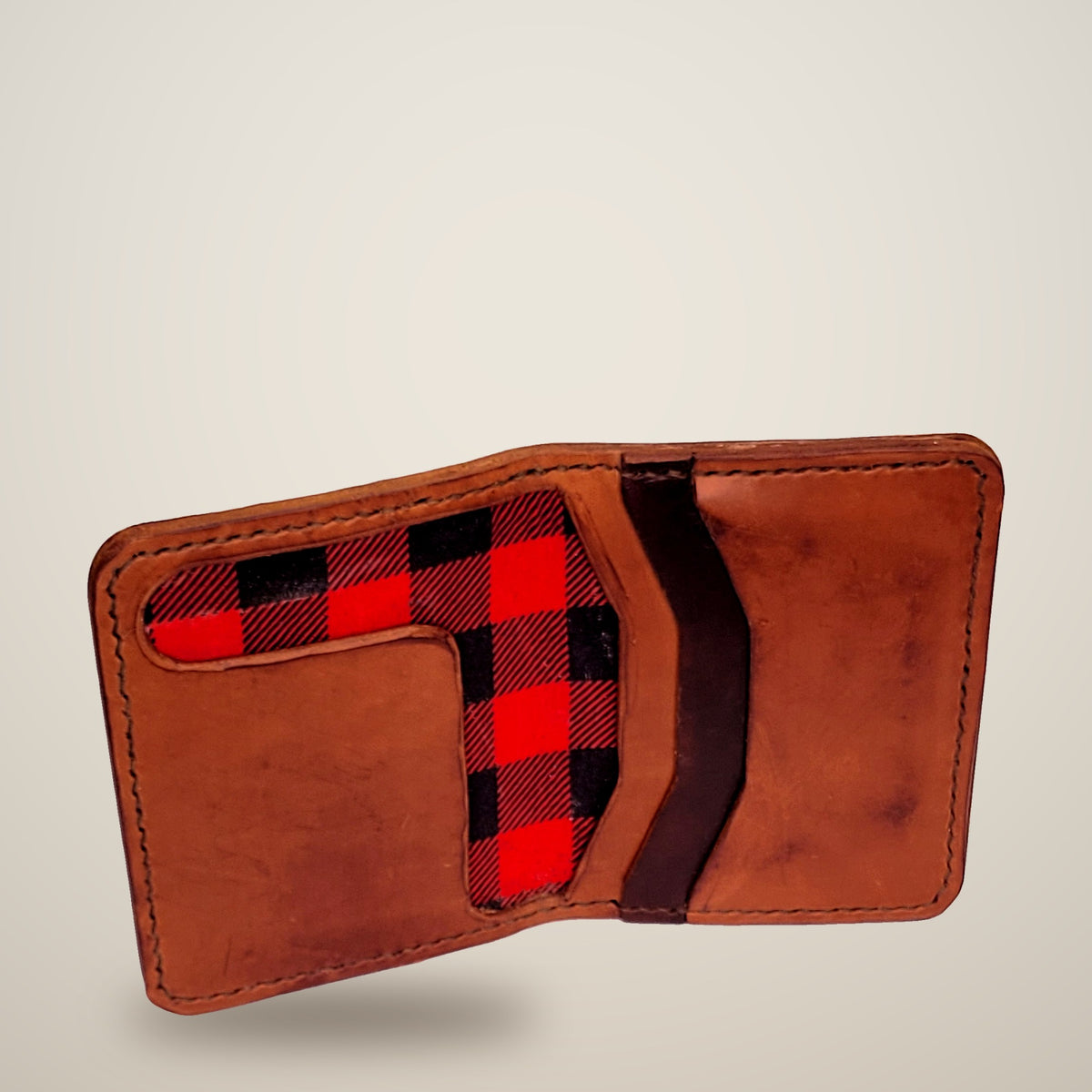 Small Lined Wallet – Chunky – dark brown, red plaid lining